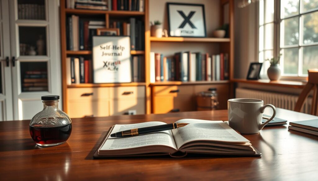 A serene home office, bathed in warm natural light from a large window. On the wooden desk, an open journal lies next to a fountain pen, ink bottle, and a cup of steaming tea. Shelves in the background display an assortment of self-help books and a framed XFit4Life logo. The atmosphere is one of quiet contemplation, inviting the viewer to engage in the therapeutic process of journaling. A serene home office, bathed in warm natural light from a large window. On the wooden desk, an open journal lies next to a fountain pen, ink bottle, and a cup of steaming tea. Shelves in the background display an assortment of self-help books and a framed XFit4Life logo. The atmosphere is one of quiet contemplation, inviting the viewer to engage in the therapeutic process of journaling.