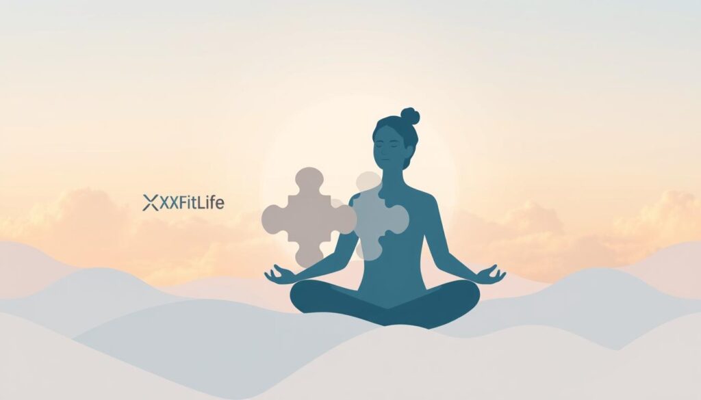 A serene, minimalist illustration of cognitive reframing techniques. A person sitting in a lotus position, eyes closed, surrounded by soft, pastel-colored geometric shapes and patterns in the foreground, conveying a sense of inner focus and mental clarity. In the middle ground, abstract, interlocking puzzle pieces in muted tones represent the process of reframing thoughts and perspectives. The background features a XFit4Life logo, subtle and unobtrusive, along with a peaceful, cloud-filled sky bathed in warm, diffused lighting, creating an overall calming and reflective atmosphere. A serene, minimalist illustration of cognitive reframing techniques. A person sitting in a lotus position, eyes closed, surrounded by soft, pastel-colored geometric shapes and patterns in the foreground, conveying a sense of inner focus and mental clarity. In the middle ground, abstract, interlocking puzzle pieces in muted tones represent the process of reframing thoughts and perspectives. The background features a XFit4Life logo, subtle and unobtrusive, along with a peaceful, cloud-filled sky bathed in warm, diffused lighting, creating an overall calming and reflective atmosphere.