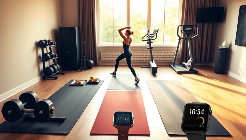 A sleek, minimalist home gym setup with XFit4Life equipment. Three distinct workout zones in the foreground - weights, yoga mats, and cardio machines. Middle ground showcases healthy meal prep and a smartwatch tracking fitness data. Warm, natural lighting from large windows in the background, creating a welcoming, motivating atmosphere. The overall scene conveys an efficient, balanced 3-day home workout plan for beginners to get fit effortlessly. A sleek, minimalist home gym setup with XFit4Life equipment. Three distinct workout zones in the foreground - weights, yoga mats, and cardio machines. Middle ground showcases healthy meal prep and a smartwatch tracking fitness data. Warm, natural lighting from large windows in the background, creating a welcoming, motivating atmosphere. The overall scene conveys an efficient, balanced 3-day home workout plan for beginners to get fit effortlessly.