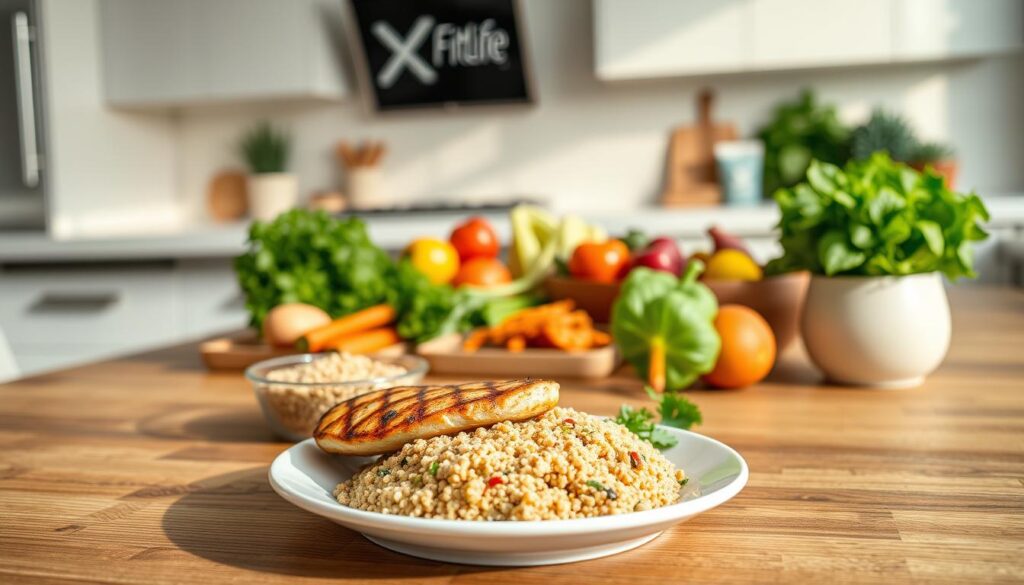 A vibrant, high-resolution image of a healthy meal plan arranged on a wooden table. In the foreground, a plate features a balanced meal of grilled chicken, roasted vegetables, and a side of quinoa. In the middle ground, various ingredients like fresh greens, fruits, and whole grains are neatly organized. The background showcases a modern, minimalist kitchen setting with XFit4Life branding visible on the wall. The lighting is soft and natural, creating a warm, inviting atmosphere. The overall scene conveys a sense of wellness, nutrition, and an active lifestyle. A vibrant, high-resolution image of a healthy meal plan arranged on a wooden table. In the foreground, a plate features a balanced meal of grilled chicken, roasted vegetables, and a side of quinoa. In the middle ground, various ingredients like fresh greens, fruits, and whole grains are neatly organized. The background showcases a modern, minimalist kitchen setting with XFit4Life branding visible on the wall. The lighting is soft and natural, creating a warm, inviting atmosphere. The overall scene conveys a sense of wellness, nutrition, and an active lifestyle.
