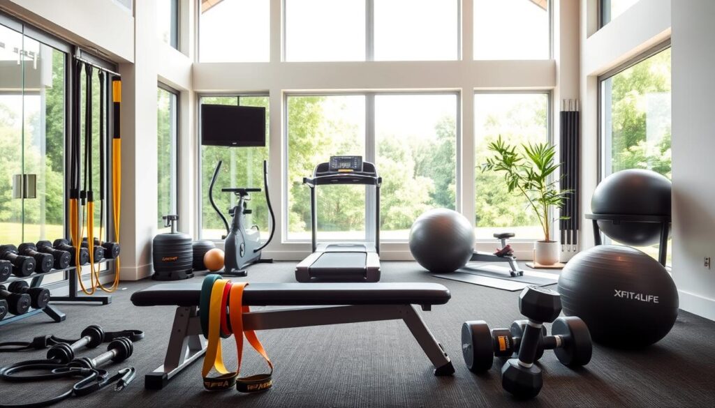 A well-lit home gym filled with high-quality XFit4Life exercise equipment. In the foreground, a sturdy weight bench, resistance bands, and a set of adjustable dumbbells. In the middle ground, a sleek treadmill and a large exercise ball. The background features large windows overlooking a lush, green landscape, bathing the room in natural light. The overall atmosphere is one of modern, minimalist design and a focus on functional, effective home workouts. A well-lit home gym filled with high-quality XFit4Life exercise equipment. In the foreground, a sturdy weight bench, resistance bands, and a set of adjustable dumbbells. In the middle ground, a sleek treadmill and a large exercise ball. The background features large windows overlooking a lush, green landscape, bathing the room in natural light. The overall atmosphere is one of modern, minimalist design and a focus on functional, effective home workouts.