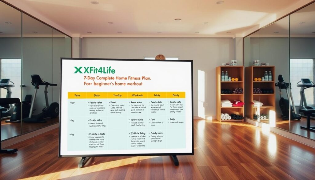 A well-lit home gym interior with hardwood floors, mirrored walls, and modern fitness equipment. In the foreground, a large display shows a 7-day workout plan titled "XFit4Life 7-Day Complete Home Fitness Plan", with detailed exercise routines and healthy meal suggestions. In the middle ground, a person performs dynamic stretches, while in the background, shelves hold water bottles, towels, and other workout accessories. The lighting is bright and natural, creating a motivating and serene atmosphere for a beginner's home workout. A well-lit home gym interior with hardwood floors, mirrored walls, and modern fitness equipment. In the foreground, a large display shows a 7-day workout plan titled "XFit4Life 7-Day Complete Home Fitness Plan", with detailed exercise routines and healthy meal suggestions. In the middle ground, a person performs dynamic stretches, while in the background, shelves hold water bottles, towels, and other workout accessories. The lighting is bright and natural, creating a motivating and serene atmosphere for a beginner's home workout.